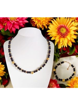 LOVE - Necklace and bracelet, black onyx, hematite hearts in gold steel, handmade.
