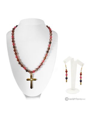 DALILA – Rhodonite, Rhodochrosite and Hematite Cross and Earrings Necklace Set, Handmade.