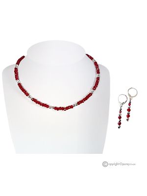 ELEGANCE – Handmade red garnet and hematite silver necklace and earrings set.