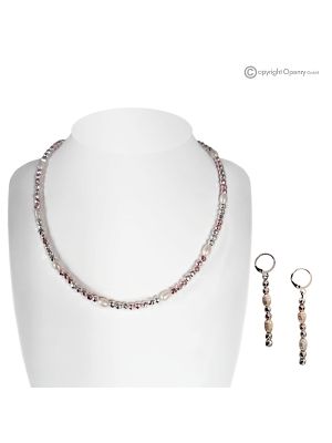 DREAM – Necklace and earrings set with natural river pearls and pink hematite, handmade.