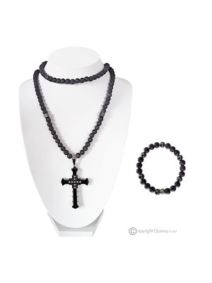 DARK – Handmade natural lava stone and hematite cross necklace and bracelet set.
