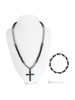 EMOTION – Onyx and hematite cross necklace and bracelet set, true Italian craftsmanship.