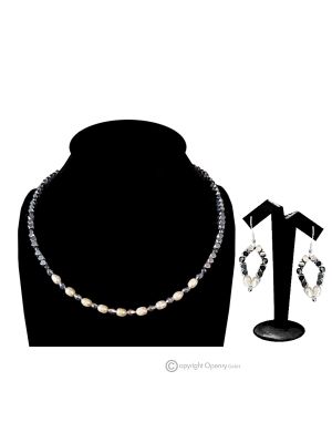 JOY – Necklace and earrings set in silver-plated hematite and river pearls, handmade.