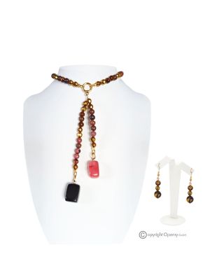 SOLEIL – Rhodonite, Hematite, Tiger’s Eye, Quartz and Onyx Necklace and Earrings Set, Handmade.