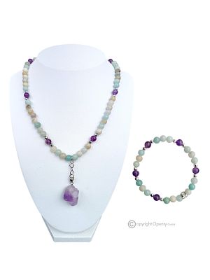 FLOWER - Necklace with bracelet, amazonite, amethyst and hematite faceted silver, handmade.