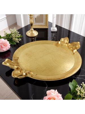 VASSOIO FIOCCO TONDO ORO Tray Handles Bow in Gold Leaf Wood Hand Made Made in Italy