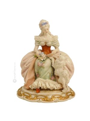 LADY AND DOG Statuette statue figure porcelain Capodimonte handmade made in Italy exclusive