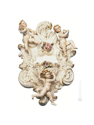 WALL FONT WITH 3 CHERUBS Statuette Statue Figure Porcelain Capodimonte Handmade Made in Italy Exclusive