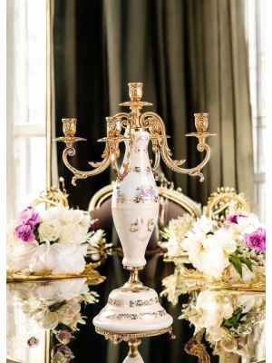 5-flame candelabra in superior ceramic, with floral and gold details, handmade.