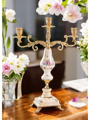 3-flame candelabra in superior ceramic, with floral and gold decorations, handmade.
