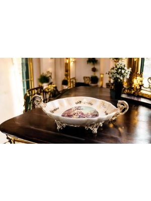 Tray in fine ceramic, decorated with baroque motifs and golden details, handmade.