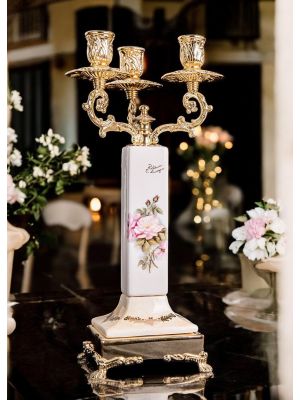 3-flame candelabra in fine ceramic, floral decorations and gold, handmade.