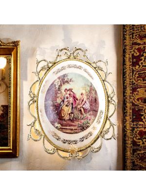 Ceramic medallion with decorations of ladies and knights, golden details, handmade.