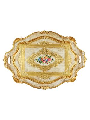 VASSOIO BAROCCO OVALE Tray Oval Wood Gold Flowers Decoration White Bottom Handcraft Made in Italy