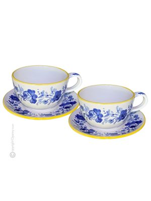 TAZZE FIORACCIO set breakfast cereal cups with saucers Castelli ceramic authentic handmade Abruzzo Made in Italy