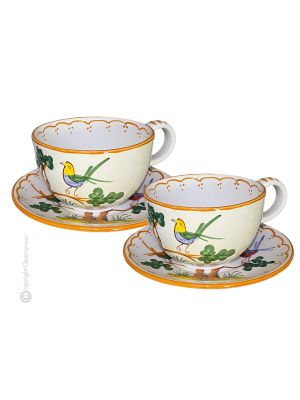 TAZZE UCCELLINI set breakfast cereal cups with saucers Castelli ceramic authentic handmade Abruzzo Made in Italy