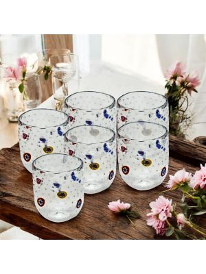 Set of 6 transparent blown glass glasses, decorated with original murrine from Murano, Venice.