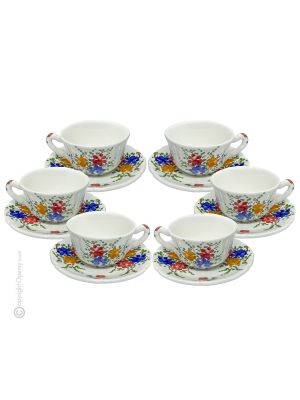 TAZZE ROSESPINE Set 6 Teetassen Kaffeetasse Cappuccinotassen mit Untertassen Keramiktassen Castelli Keramik handgemacht authentisch Abruzzen Made in Italy