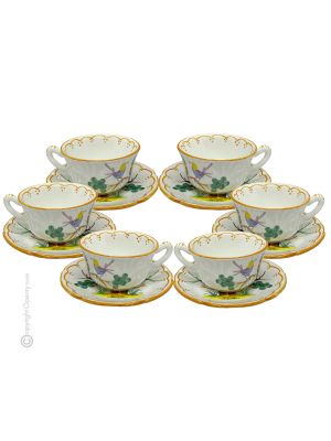 TAZZE UCCELLINI set 6 tea cappuccino coffee cups with saucers Castelli ceramic authentic handmade Abruzzo Made in Italy