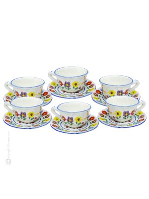 TAZZE UCCELLINI set 6 tea cappuccino coffee cups with saucers Castelli ceramic authentic handmade Abruzzo Made in Italy