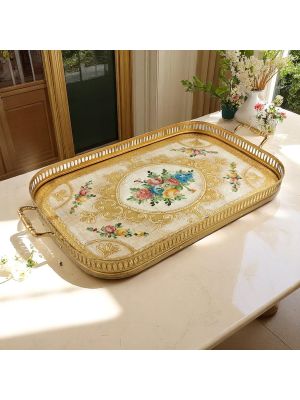 VASSOIO GALLERIA Tray Metal Edge Wood Bottom Flowers Gold Deoration Handcraft Made in Italy