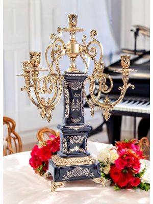 5-flame candelabra in fine ceramic, with elegant gold decorations, handmade.