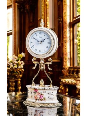 High quality ceramic table clock, with floral and gold details, handmade.
