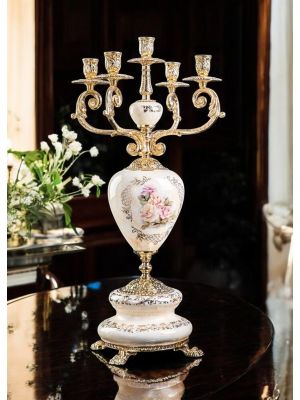 5-flame artistic ceramic candelabra, decorated with flowers and gold, handmade.