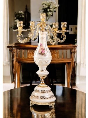 5-flame candelabra in decorated ceramic, with flowers and gold finishes, handcrafted.
