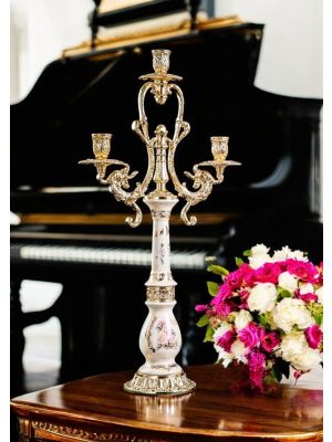 3-flame candelabra in fine ceramic, with elegant floral and gold decorations, handmade.
