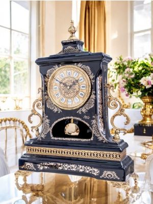 Refined ceramic table clock, with elegant gold details, handcrafted.