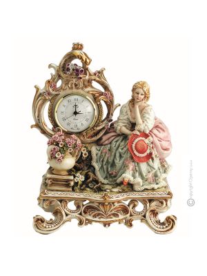 LADY ON BENCH Table clock Capodimonte porcelain handcraft made in Italy