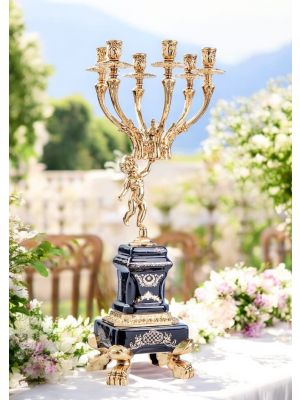 6-flame candelabra in fine ceramic, with angel and elegant gold decorations, handmade.
