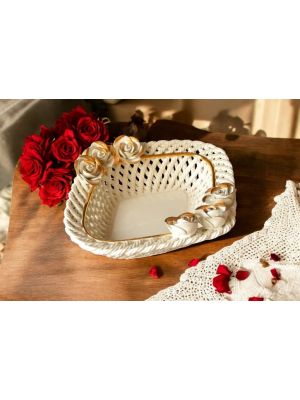 Centerpiece, ceramic basket, with roses and gold decorations, handmade.
