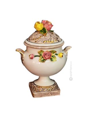 VASE WITH LID handmade ceramic table ornament Baroque style artistic with 24k gold details Made in Italy