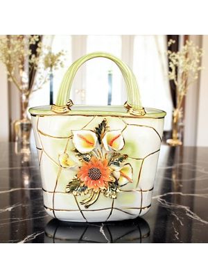 Bag, ceramic table decoration, adorned with flowers and golden details, handmade.