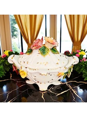 Artistic ceramic tureen in baroque style, decorated with flowers and gold details, handmade.
