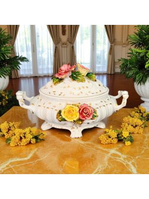 Artistic ceramic tureen in baroque style, enriched with flowers and gold details, handmade.