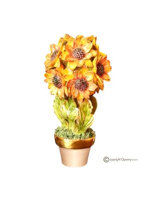 Artistic ceramic plant decorated with sunflowers and golden details, made entirely by hand.