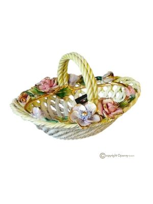 Centerpiece, basket in fine ceramic, embellished with flowers and gold details, handmade.