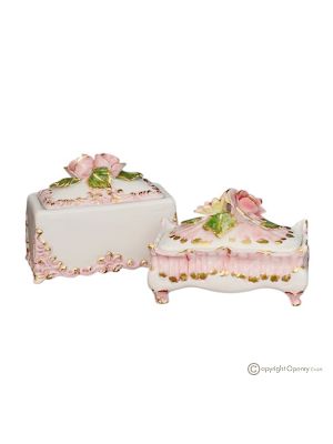 Set of 2 decorative boxes in fine ceramic, enriched with flowers and golden details, handmade.