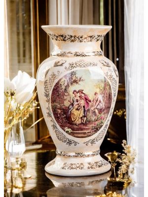 Vase in fine ceramic, decorated with baroque motifs and golden details, handmade.