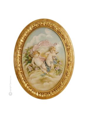 CHERUBS WITH ROSES Picture Bas-relief Porcelain Capodimonte Made in Italy