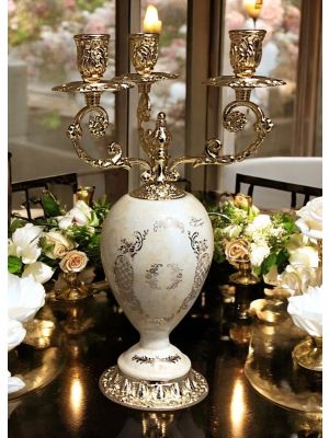 3-flame candelabra in fine ceramic, decorated with gold details, handmade.