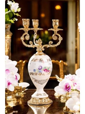 High quality ceramic 3 flame candelabra, with floral and gold details, handmade.
