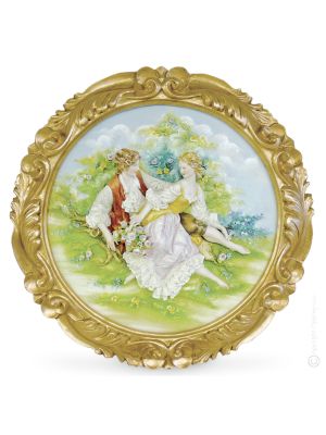 DATE ON THE MEADOW Picture Bas-relief Porcelain Capodimonte Made in Italy