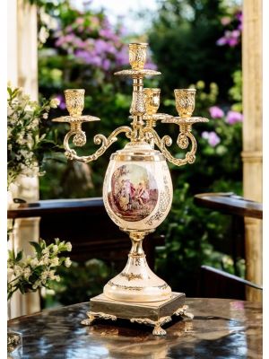 4-flame candelabra in fine ceramic, with ladies and knight, gold decorations, handmade.