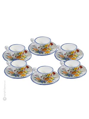 TAZZINE FIORACCIO POLICROMO set 6 espresso coffee cups with saucers Castelli ceramic authentic handmade Abruzzo Made in Italy