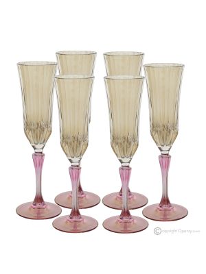 ADA Set of 6 Authentic Hand Painted Flute Glasses in Premium Quality Glass.-Amber