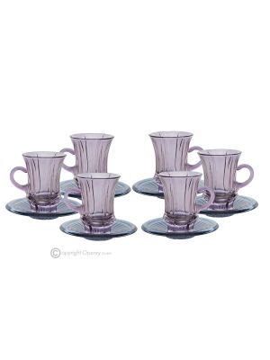 ADA Set of 6 Authentic Hand Painted Modern Tea Cups and Saucers in Premium Quality Glass.-Purple
